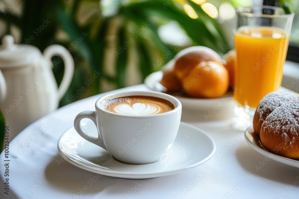 Fresh Tasty Cup Of Coffee Is Lying Near Sweets Buns And Orange Juice On White Table With Delicious Fruits, Neatly Arranged Breakfast On The Table Are Coffee Cups, Sweet Buns And Juice - generative ai Fresh Tasty Cup Of Coffee Is Lying Near Sweets Buns And Orange Juice On White Table With Delicious Fruits, Neatly Arranged Breakfast On The Table Are Coffee Cups, Sweet Buns And Juice - generative ai