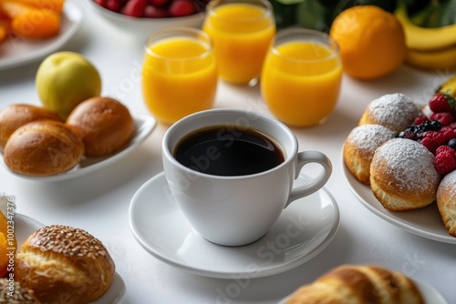 Fresh Tasty Cup Of Coffee Is Lying Near Sweets Buns And Orange Juice On White Table With Delicious Fruits, Neatly Arranged Breakfast On The Table Are Coffee Cups, Sweet Buns And Juice - generative ai