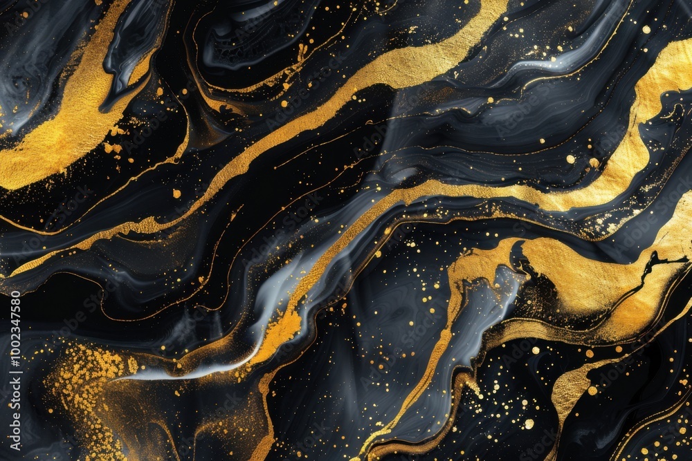 Black and Gold Fluid Abstract with Dynamic Metallic Accents and Marbled Flowing Design






