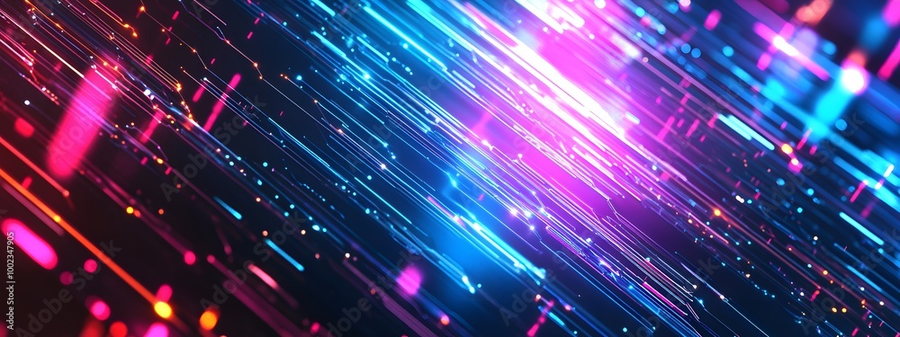 Abstract digital background with colorful glowing lines and futuristic elements, representing technology in a data center or internet network concept