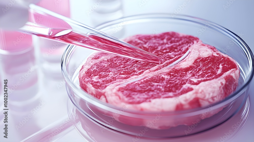 Raw meat sample in a petri dish, pipette poised for analysis, showcasing scientific examination of biological materials. Raw meat sample in a petri dish, pipette poised for analysis, showcasing scientific examination of biological materials.