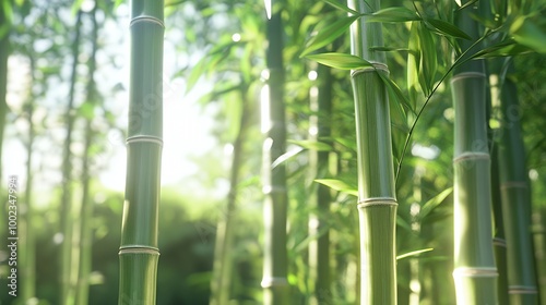 Close-up of bamboo stalks in a forest with sunlight shining through the leaves.