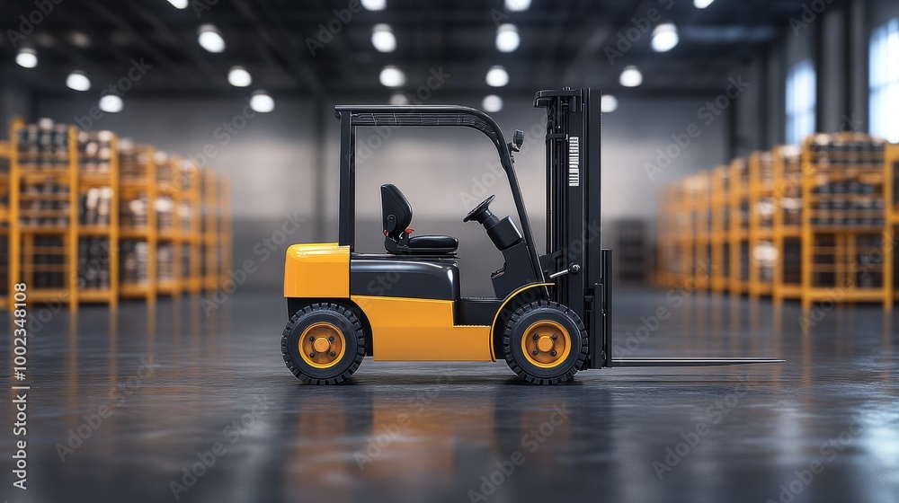 A Yellow and Black Forklift in an Industrial Warehouse During Daytime Operations on a Polished Floor A Yellow and Black Forklift in an Industrial Warehouse During Daytime Operations on a Polished Floor