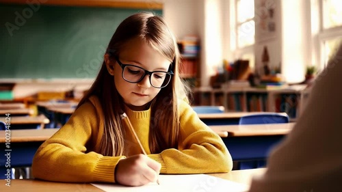 Young girl in a yellow sweater focuses on writing in a classroom setting