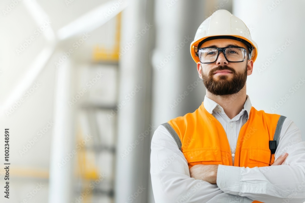 Confident engineer in safety gear, standing in a modern industrial setting Confident engineer in safety gear, standing in a modern industrial setting