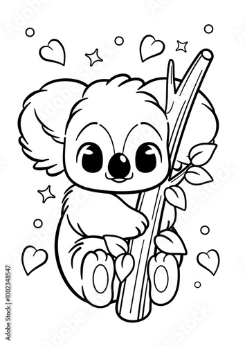 cute koala eating leaf coloring page illustration