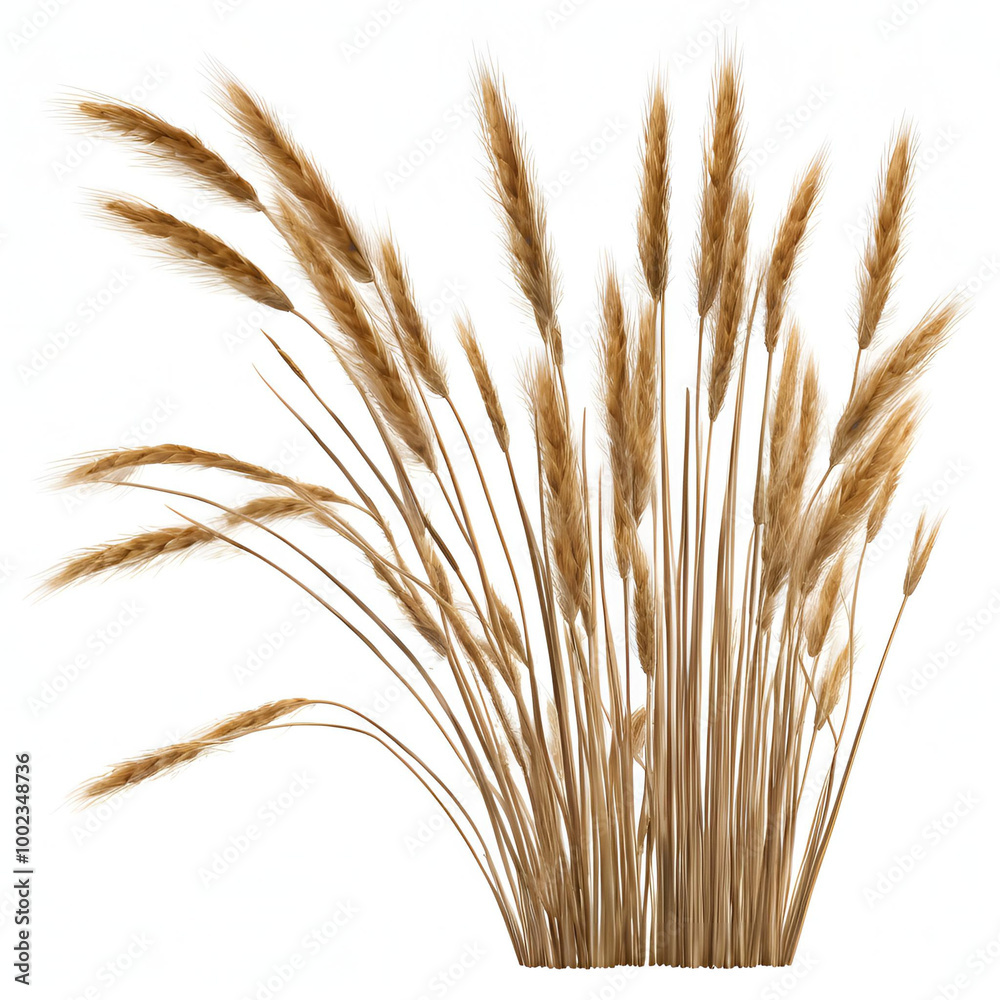 Fototapeta premium A natural bundle of golden wheat stalks fanning out against a white background, symbolizing agriculture, harvest, and organic beauty, perfect for rustic-themed designs or nature-related projects.