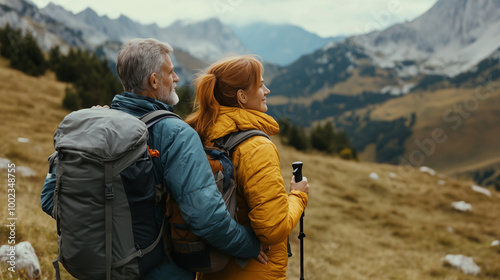 Loving mid aged couple with a backapacks hiking on the hills together 