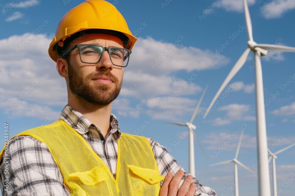 Man wearing safety helmet and vest at wind farm, professional and confident pose. Man wearing safety helmet and vest at wind farm, professional and confident pose.