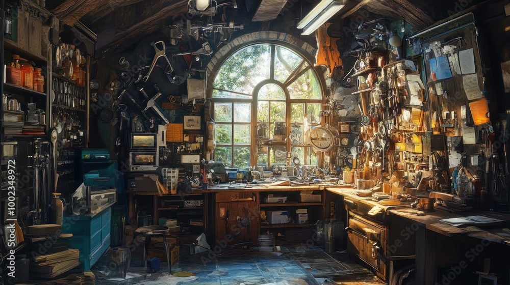 A cluttered workshop filled with tools, shelves, and sunlight streaming through a window. A cluttered workshop filled with tools, shelves, and sunlight streaming through a window.