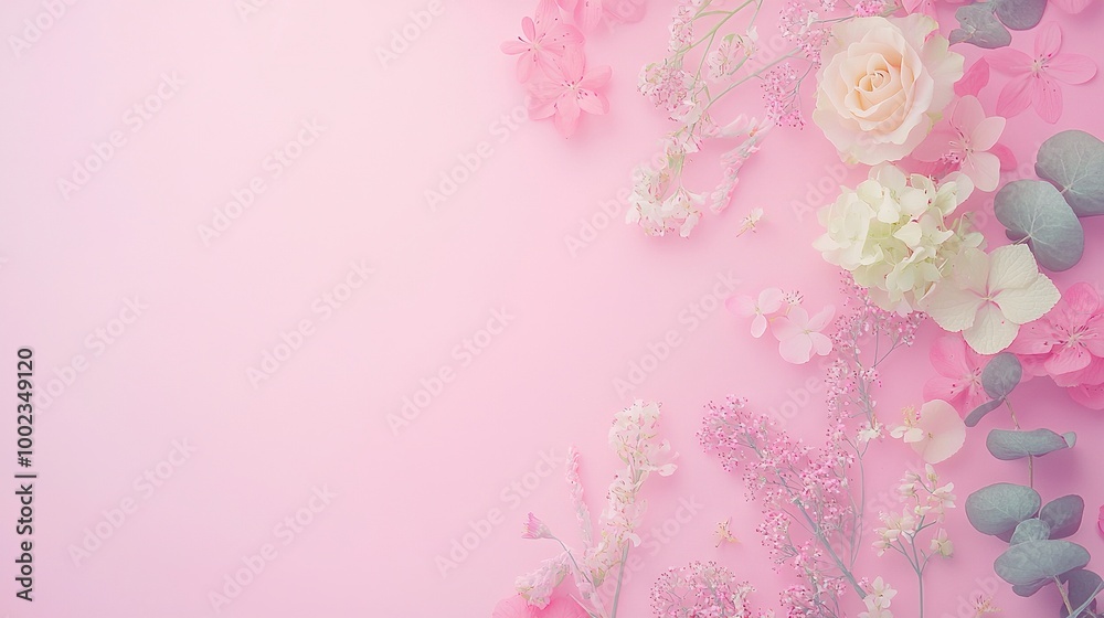 A pink background with white and pink flowers on both sides A pink background with white and pink flowers on both sides