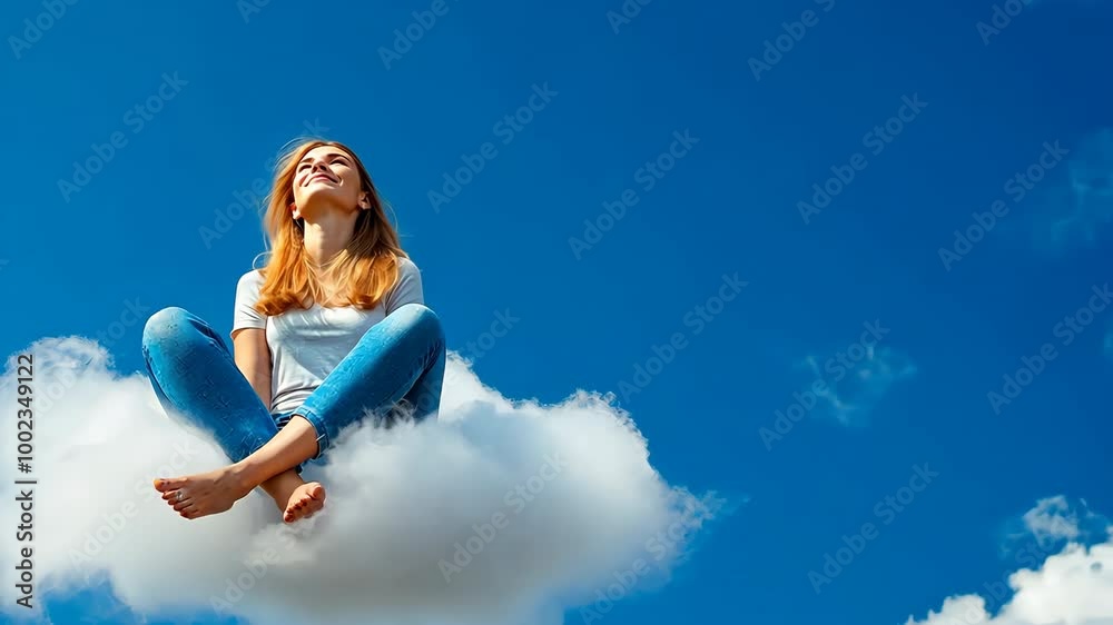 A woman is sitting on a cloud in the sky. Concept of freedom and lightness, as the woman is floating above the earth. The blue sky and fluffy cloud create a serene and peaceful atmosphere A woman is sitting on a cloud in the sky. Concept of freedom and lightness, as the woman is floating above the earth. The blue sky and fluffy cloud create a serene and peaceful atmosphere