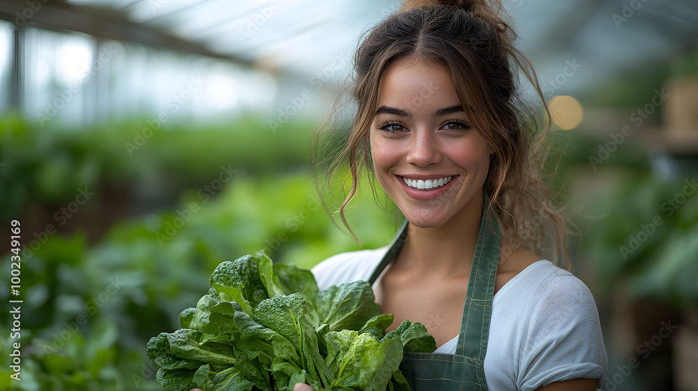 A Woman in an Apron Smiles While Holding Vegetables
