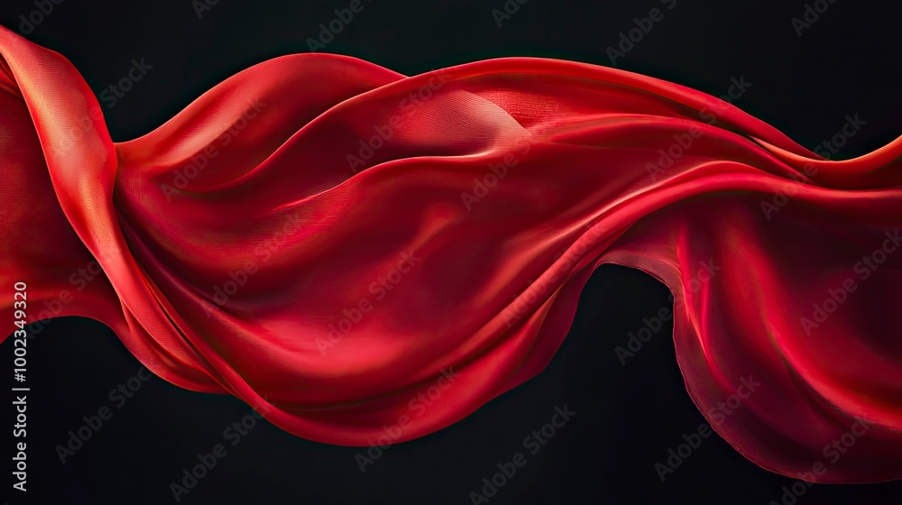 Red silk scarf flow in front of black background. Abstract fabric curve flying on dark backdrop. Elegant fashion and beauty magazine mockup design.with generative ai Red silk scarf flow in front of black background. Abstract fabric curve flying on dark backdrop. Elegant fashion and beauty magazine mockup design.with generative ai