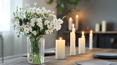 A wooden table with white flowers in a glass vase and lit candles.