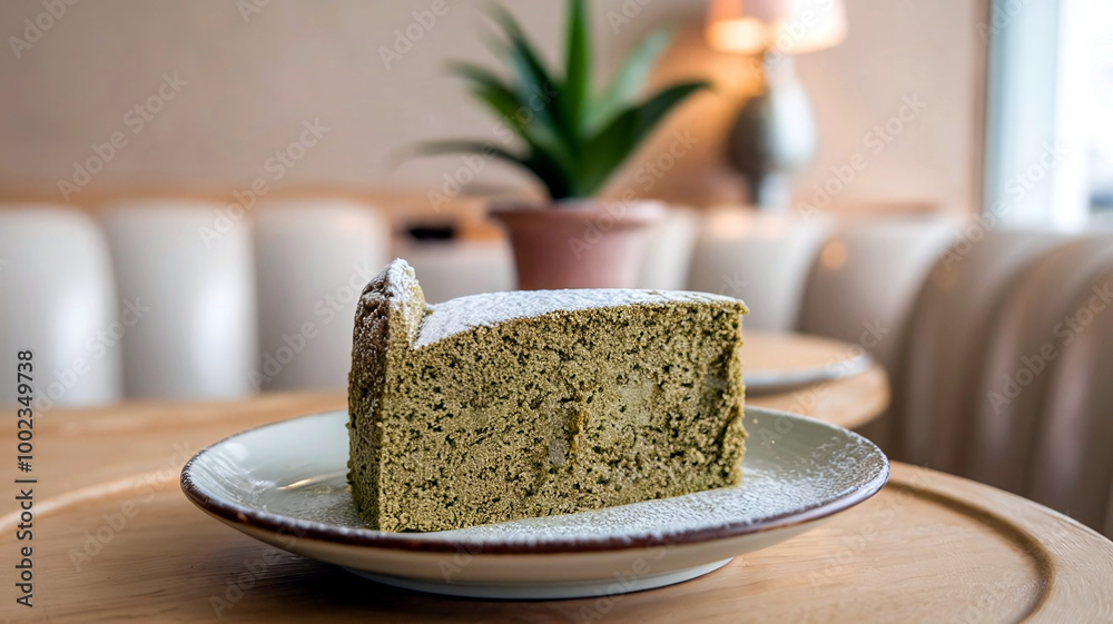 A slice of green tea cake served on a plate, offering a refined cafe experience in soft, muted tones. 
