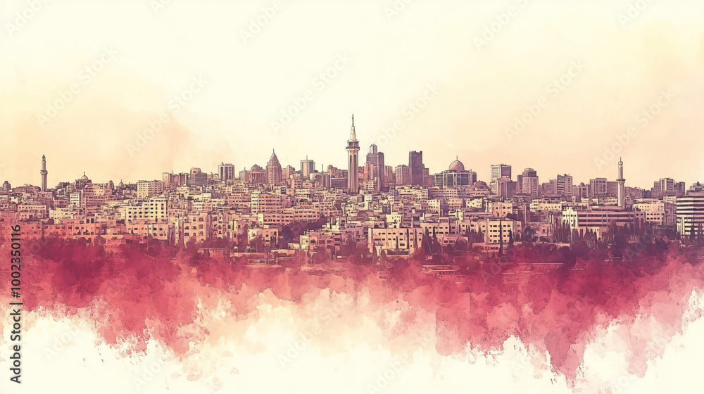 Naklejka premium Amman, Jordan, color pen pencil hand-drawn effect drawing illustration for travel poster, card, wallpaper, backdrop or banner. Modern, clear, artistic and simple