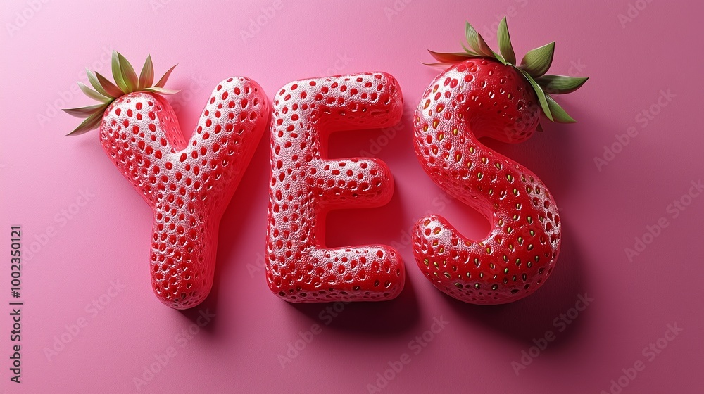 The letter YES is framed by a red strawberry textured fruit for kids on solid background The letter YES is framed by a red strawberry textured fruit for kids on solid background