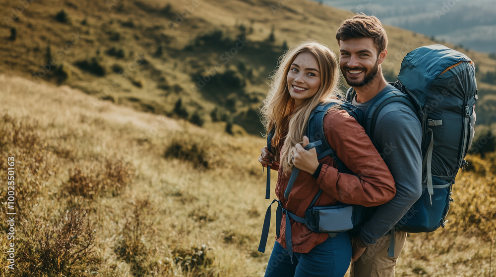 Loving mid aged couple with a backapacks hiking on the hills together
Loving mid aged couple with a backapacks hiking on the hills together