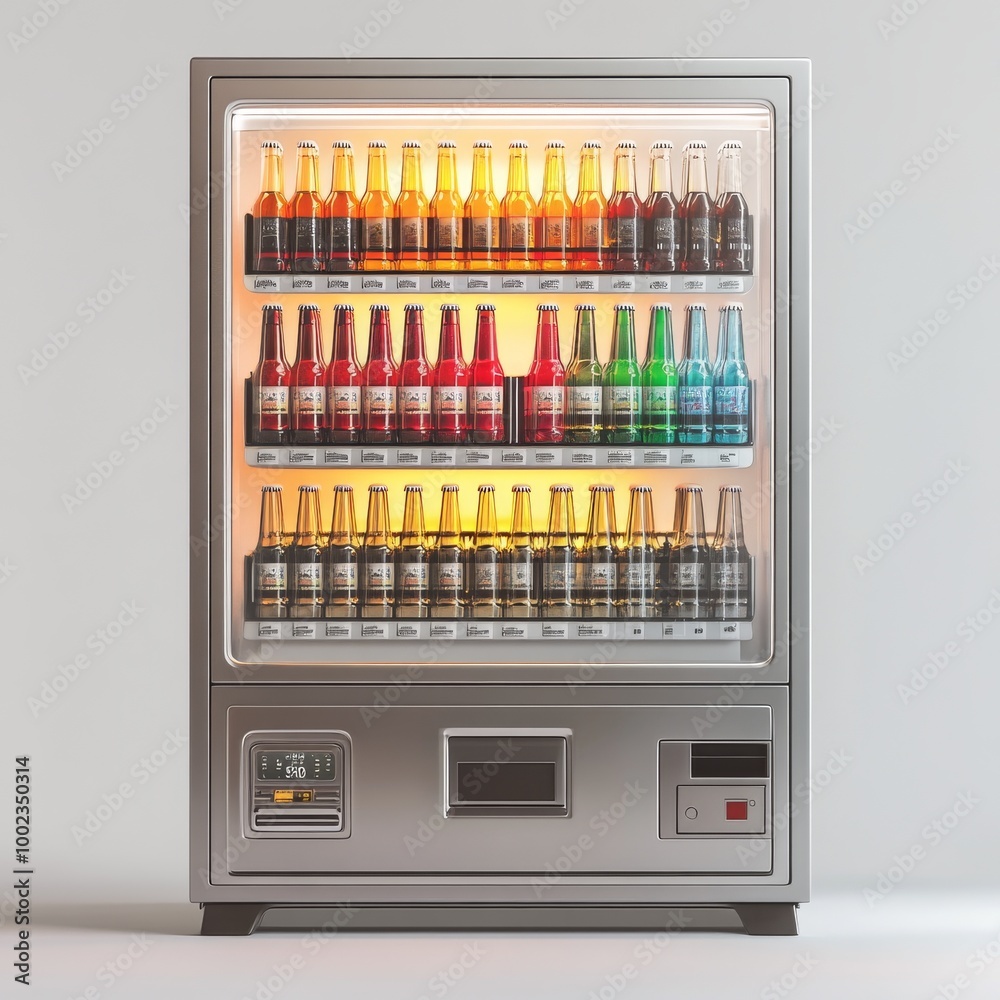 A Modern Vending Machine Filled With Colorful Bottled Beverages in a Well-Lit Indoor Setting A Modern Vending Machine Filled With Colorful Bottled Beverages in a Well-Lit Indoor Setting