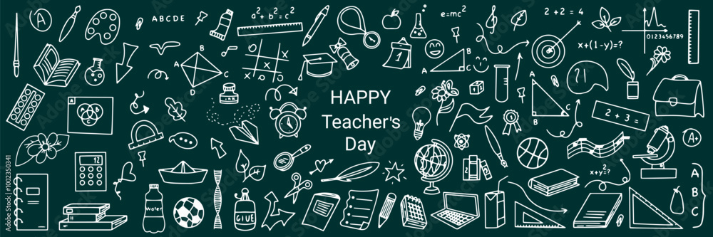 Happy Teachers Day - hand drawn poster with school supplies and equations. School icons in doodle style. Great typography design elements for greeting cards, banners and flyers. Vector. Happy Teachers Day - hand drawn poster with school supplies and equations. School icons in doodle style. Great typography design elements for greeting cards, banners and flyers. Vector.