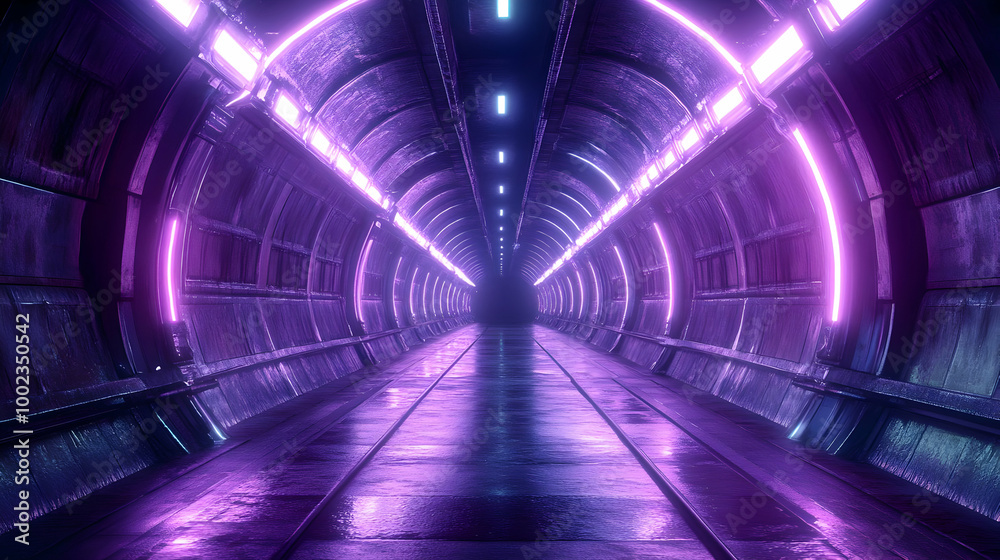 Purple Neon Lights in Futuristic Tunnel 3D Illustration Purple Neon Lights in Futuristic Tunnel 3D Illustration