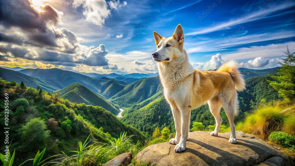 In a serene outdoor setting filled with lush vegetation and a bright blue sky, a majestic Alabay dog In a serene outdoor setting filled with lush vegetation and a bright blue sky, a majestic Alabay dog
