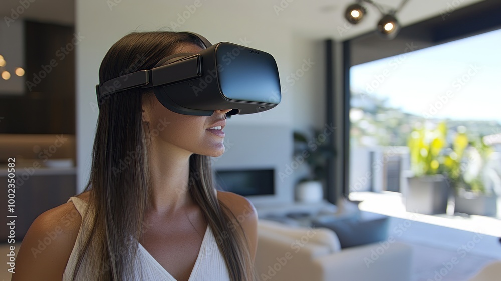 A Woman Wearing a Virtual Reality Headset in a Modern Home A Woman Wearing a Virtual Reality Headset in a Modern Home