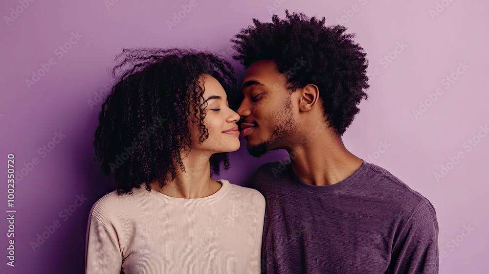 Side view young couple two friends family man woman of African American ethnicity wear casual clothes together kiss each other with generative ai Side view young couple two friends family man woman of African American ethnicity wear casual clothes together kiss each other with generative ai