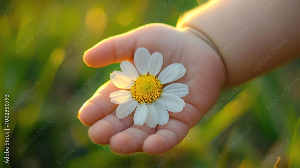 A close-up of a child holding a small white and yellow flower amidst a field of grass A close-up of a child holding a small white and yellow flower amidst a field of grass