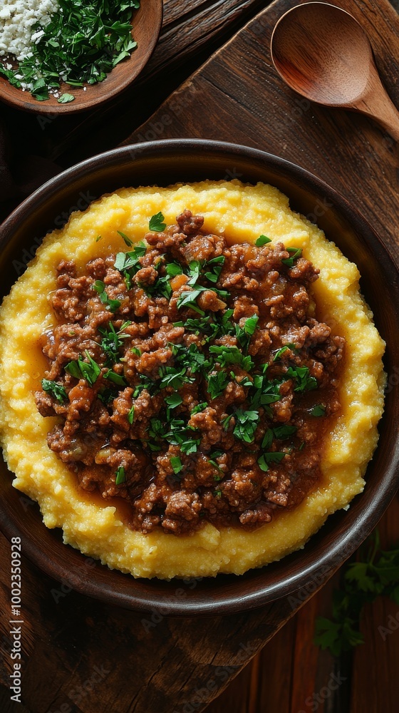Hearty Meat Sauce Served Over Creamy Polenta With Fresh Herbs in a Rustic Bowl Hearty Meat Sauce Served Over Creamy Polenta With Fresh Herbs in a Rustic Bowl