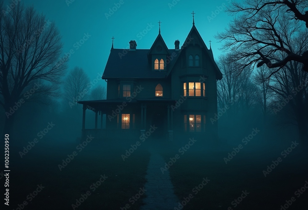 Spooky haunted house at night, glowing windows and mist rising from the ground Spooky haunted house at night, glowing windows and mist rising from the ground