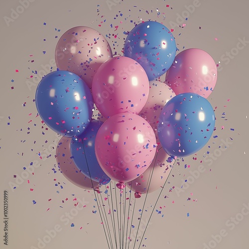 Festive arrangement of pink and blue balloons with confetti creating a joyful celebration atmosphere