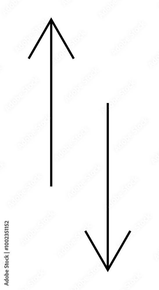 A simple illustration of two black arrows, one pointing up and one pointing down. Ideal for concepts of direction, navigation, opposites, movement, and instructional design. Minimalist, clear, bold. A simple illustration of two black arrows, one pointing up and one pointing down. Ideal for concepts of direction, navigation, opposites, movement, and instructional design. Minimalist, clear, bold.