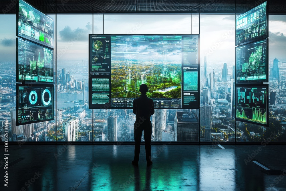 Fototapeta premium A climate analyst reviews real-time data in a futuristic control room with green landscapes visible through large windows. Generative AI