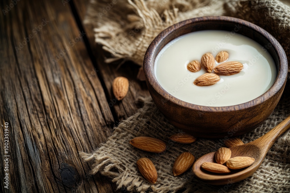 Almond milk with almond in a wooden spoon and bowl on a wooden (selective focus; close-up shot) - generative ai Almond milk with almond in a wooden spoon and bowl on a wooden (selective focus; close-up shot) - generative ai