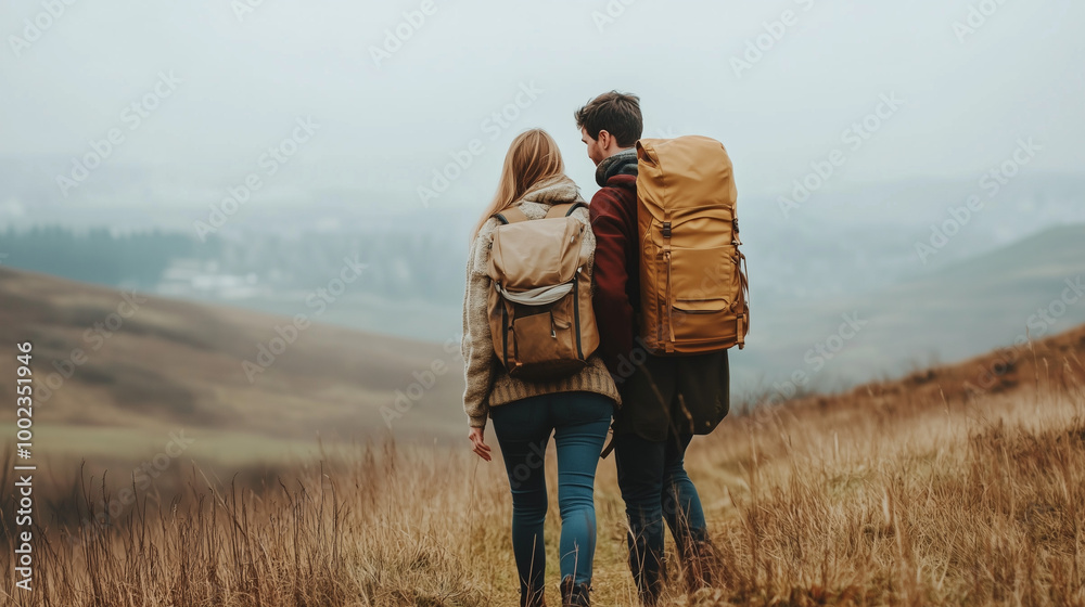 Loving mid aged couple with a backapacks hiking on the hills together
Loving mid aged couple with a backapacks hiking on the hills together