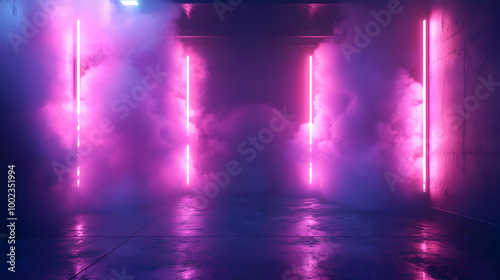 Wallpaper Mural Neon Lights Background - Purple Glowing Lines and Smoke Effect Torontodigital.ca