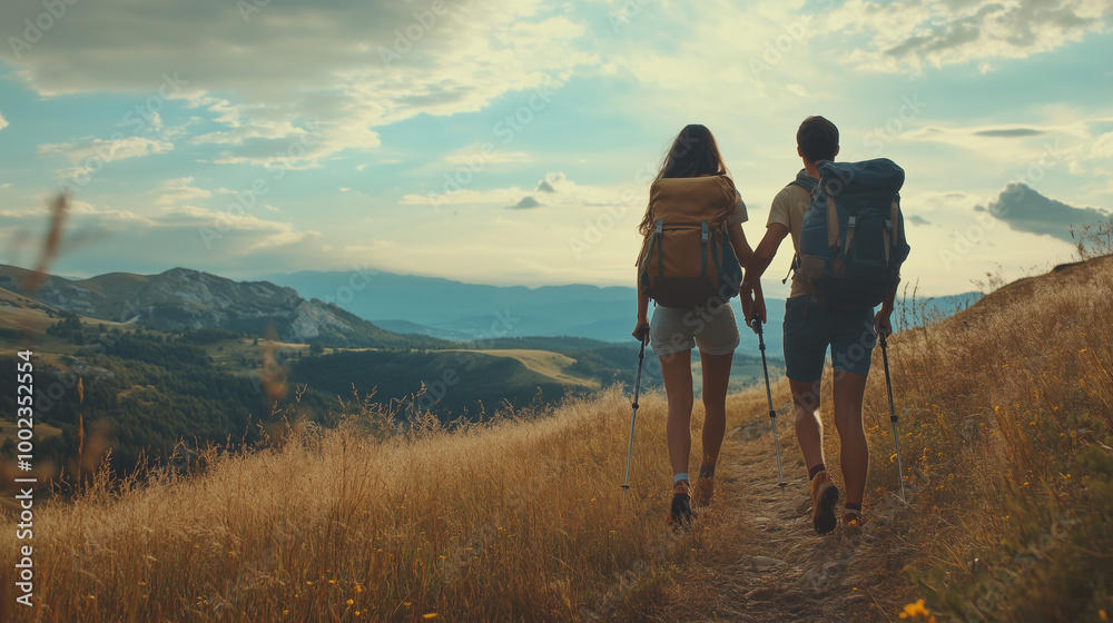 Obraz premium Loving mid aged couple with a backapacks hiking on the hills together 