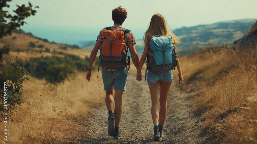 Loving mid aged couple with a backapacks hiking on the hills together
Loving mid aged couple with a backapacks hiking on the hills together
