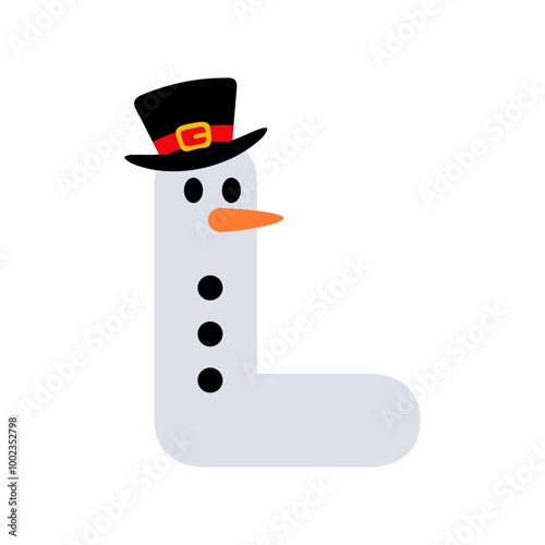 Logo snowman. Letra inicial L con forma de muñeco de nieve con sombrero y nariz de zanahoria para tarjetas y felicitaciones de Navidad
