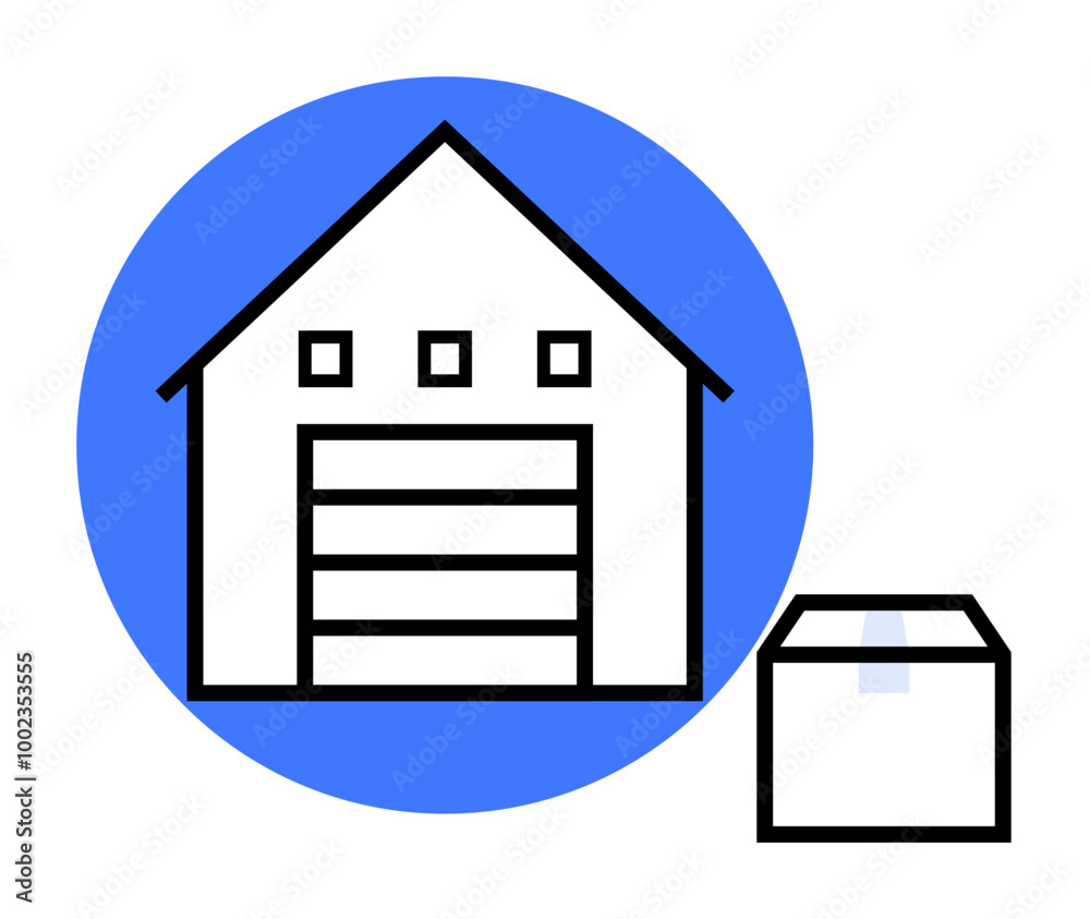 Warehouse building with garage door and a package beside it, on a blue circle background. Ideal for logistics, shipping, storage, warehouse management, delivery services, and distribution. Minimalist Warehouse building with garage door and a package beside it, on a blue circle background. Ideal for logistics, shipping, storage, warehouse management, delivery services, and distribution. Minimalist