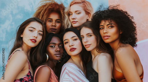 A group of diverse women with various skin tones posing together outdoors in a vibrant and colorful setting during daylight