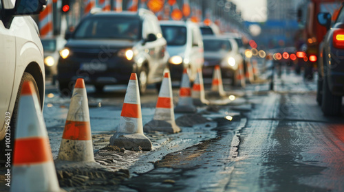 Wallpaper Mural Traffic slows down as vehicles navigate through a busy construction zone in the city during the early evening hours Torontodigital.ca