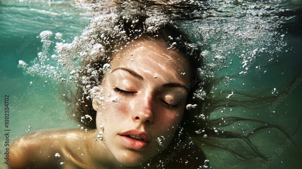 Fototapeta premium Serenity Underwater - A tranquil moment captured underwater with a person peacefully holding their breath, surrounded by bubbles.
