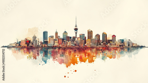 Auckland, New Zealand, color pen pencil hand-drawn effect drawing illustration for travel poster, card, wallpaper, backdrop or banner. Modern, clear, artistic and simple