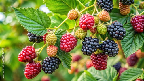 Juicy blackberries hang gracefully on a branch, some sweetly ripe while others remain green. Surrounded by vibrant