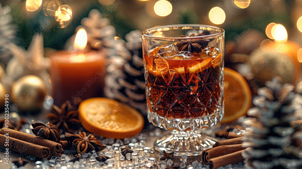 A festive glass of spiced mulled wine, served in a crystal glass with a garnish of cloves, cinnamon, and orange slices, surrounded by holiday decorations. A festive glass of spiced mulled wine, served in a crystal glass with a garnish of cloves, cinnamon, and orange slices, surrounded by holiday decorations.