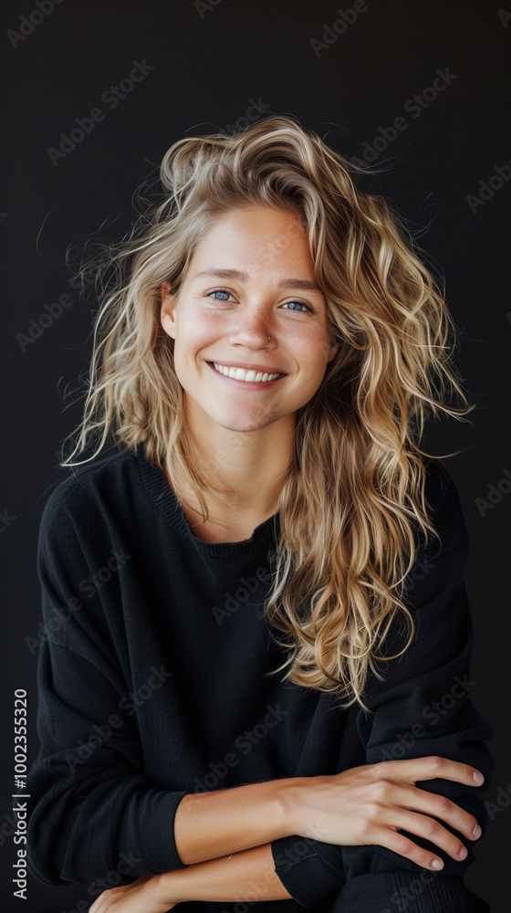 portrait of smiling young woman with long curly hair on black background portrait of smiling young woman with long curly hair on black background