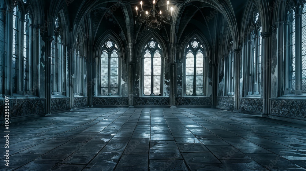 Fototapeta premium Spacious Gothic Room With Large Stained Glass Windows and Dim Lighting in an Abandoned Castle